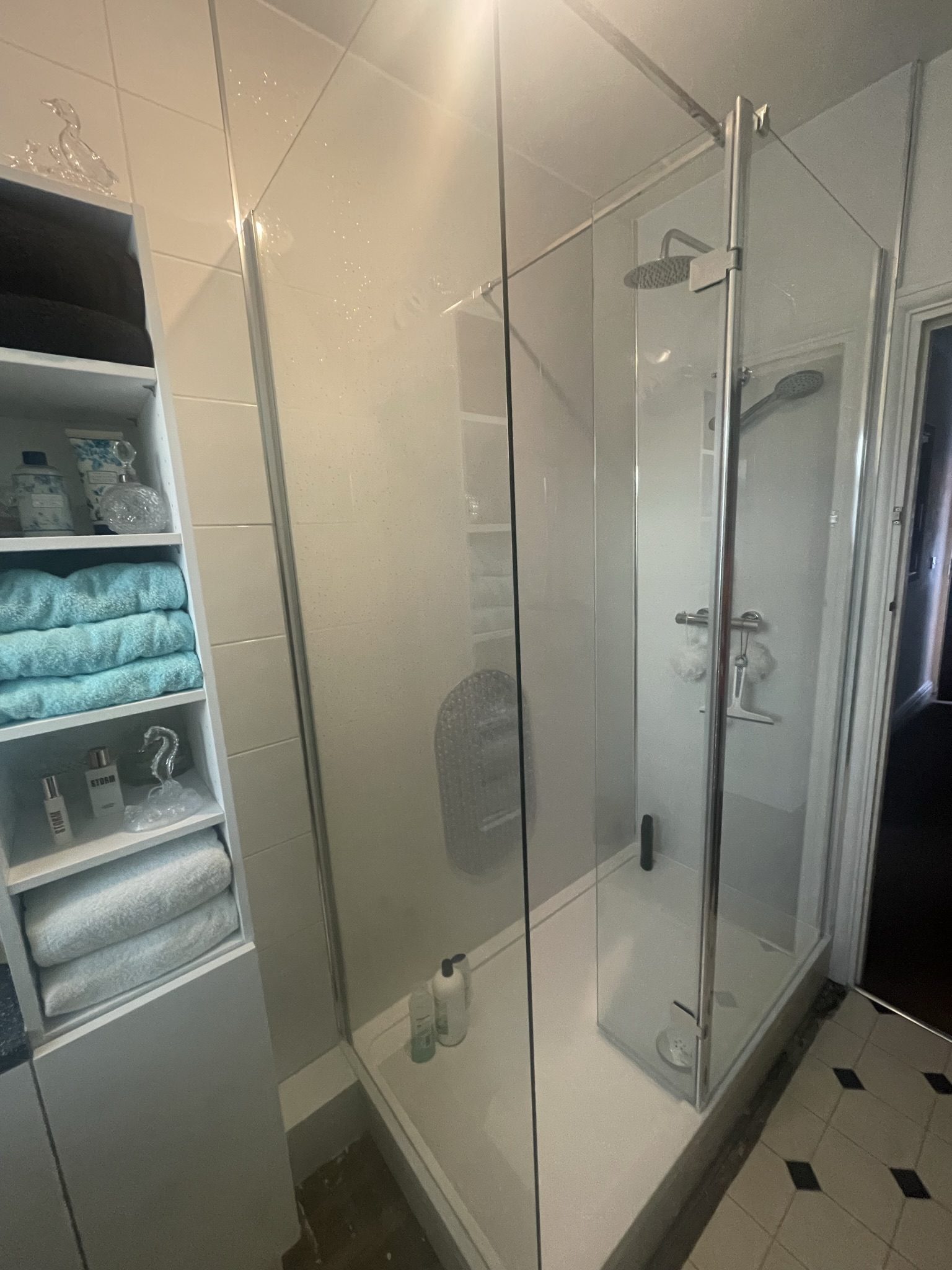 Shower room with chrome enclosure, rainfall head and built-in shelving